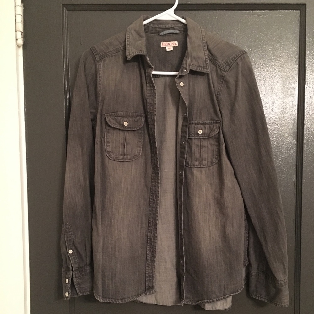 Merona grey wash denim button down shirt, size S